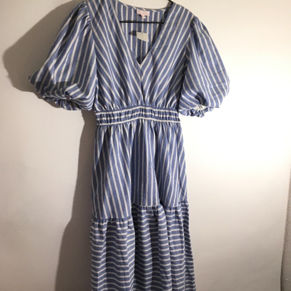 Love Wednesday Women's Size Medium Blue & White Cotton Striped Midi Dress - Picture 1 of 7